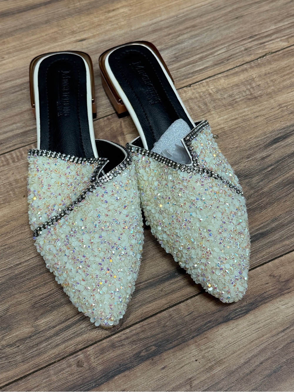 Iridescent Ivory Beaded Pointed Toe Mules with Crystal Trim